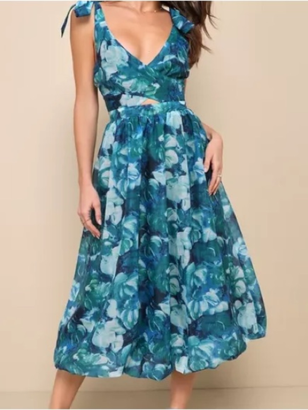 Flowering Day Dream Teal Blue Floral Organza Midi Bubble Dress